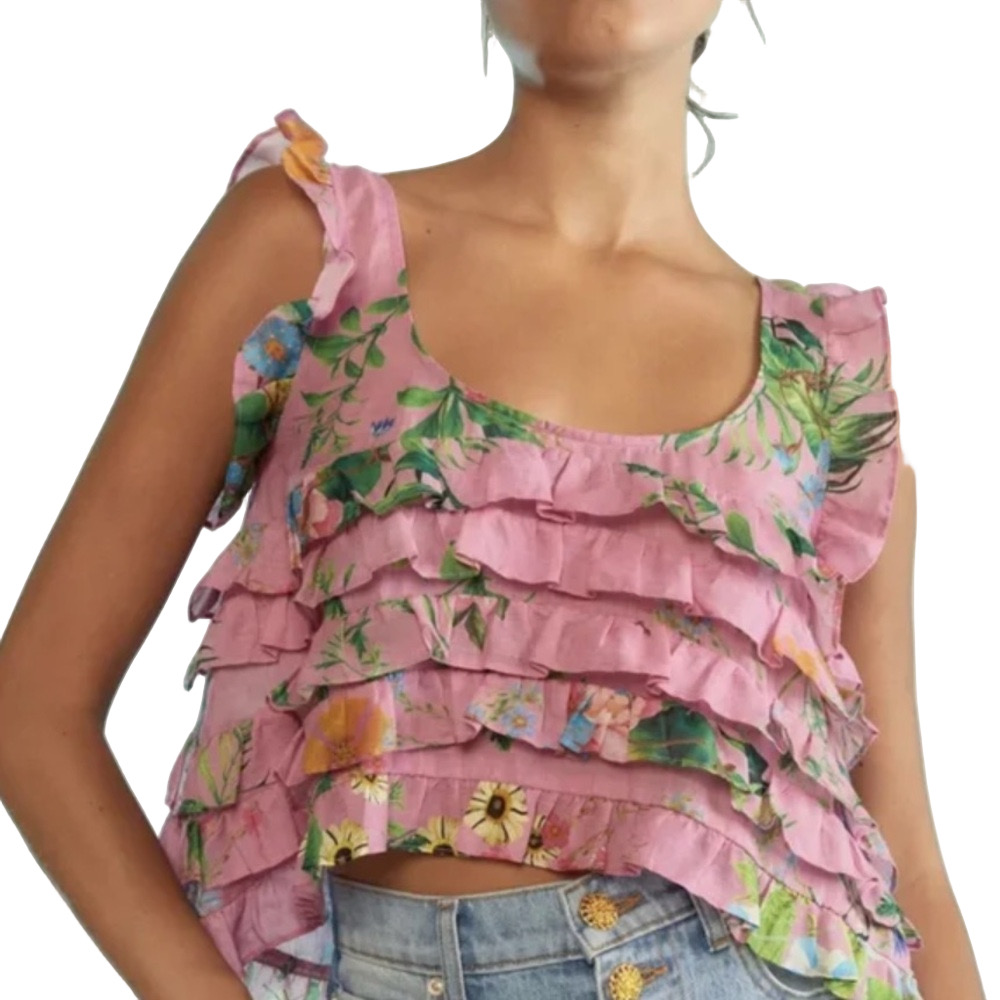 Cynthia Rowley Pink Floral Ruffle Tank Cropped Blouse Coquette Garden size Small